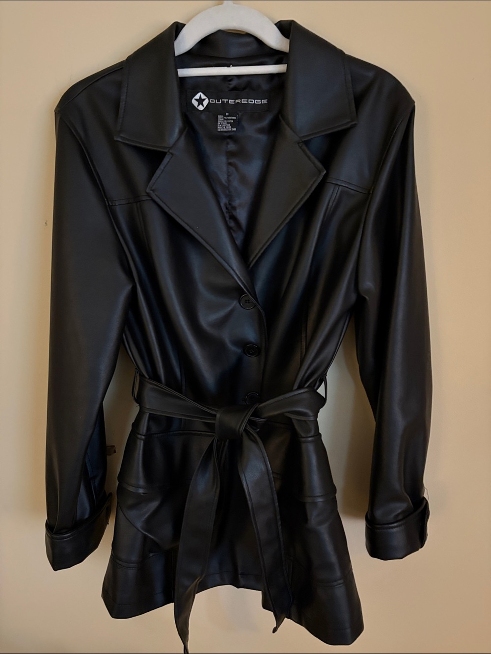 Outer Edge Black Faux Leather Belted Blazer